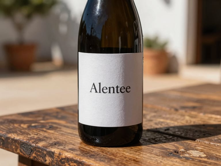 Close-up of a premium wine bottle with an elegant, minimalist paper label, resting on a rustic wooden table in a sun-drenched Alentejo courtyard.