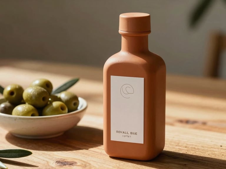 A terracotta-colored olive oil bottle with a minimalist, elegant label, sitting on a sunlit wooden table next to a bowl of fresh olives. Warm afternoon sun.