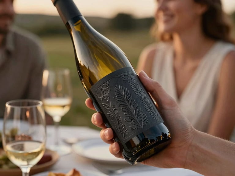 An artisanal wine bottle with a deeply embossed dark charcoal label, held by a couple during a golden hour outdoor dinner. Authentic, warm atmosphere.
