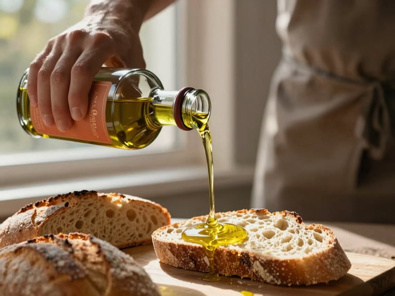 Hands pouring golden olive oil from a dark glass bottle with a textured terracotta label onto fresh bread, warm afternoon sun filtering through a window.