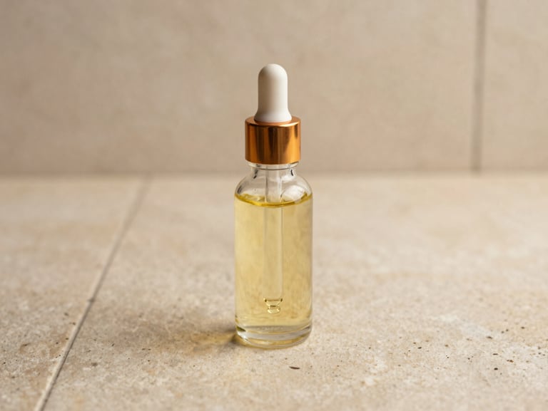 A glass dropper bottle with pure botanical oil resting on a neutral stone tile, warm beige tones, shallow depth of field