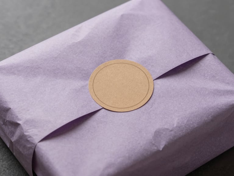 Styled flat-lay of custom apparel packaging with a dusty lavender tissue paper wrap, secured by a warm sand colored sticker seal under diffused studio light