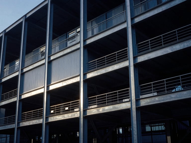 Dramatic side-lit architectural shot of a modern industrial facility, sharp steel lines, cool blue tone