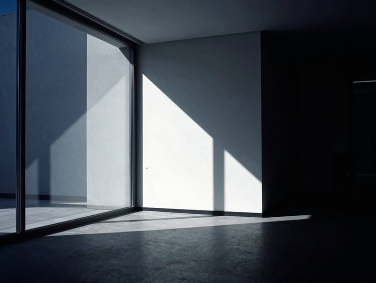 Minimalist interior of a modern financial office, glass partitions, sharp shadows, high-contrast black and white