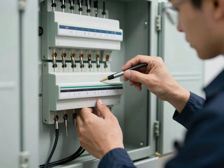 Close-up macro shot of a licensed technician in a clean navy uniform calibrating a modern electrical distribution board under bright daylight.