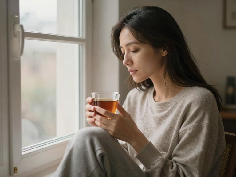 A mother sitting quietly by a window, holding a warm cup of tea, soft morning light, peaceful but tired expression.
