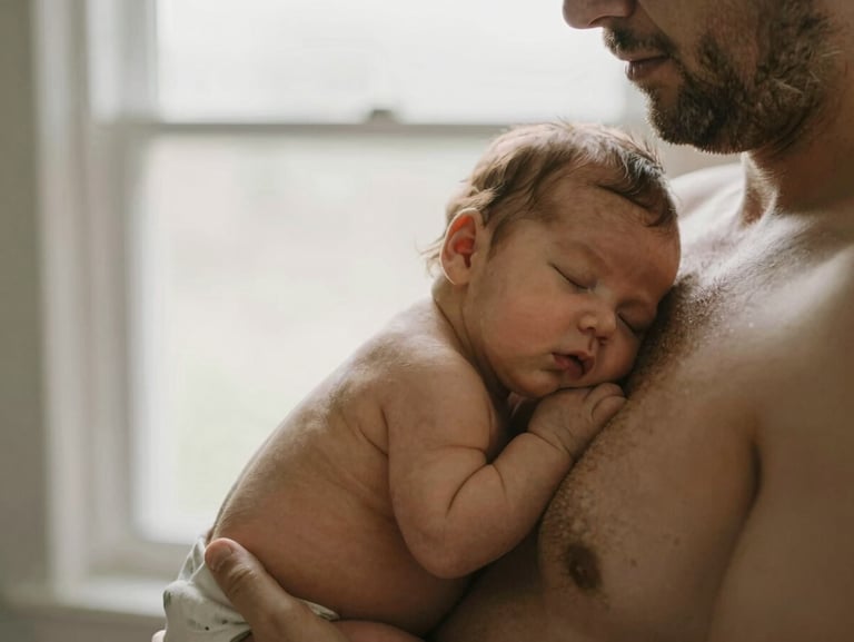 A father holding a sleeping newborn skin-to-skin on his chest, soft natural window light, warm atmosphere.