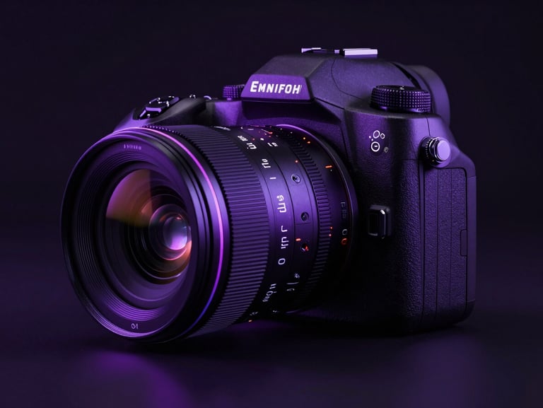 Sleek dark cinema camera with glowing purple accents, dramatic backlighting, studio environment