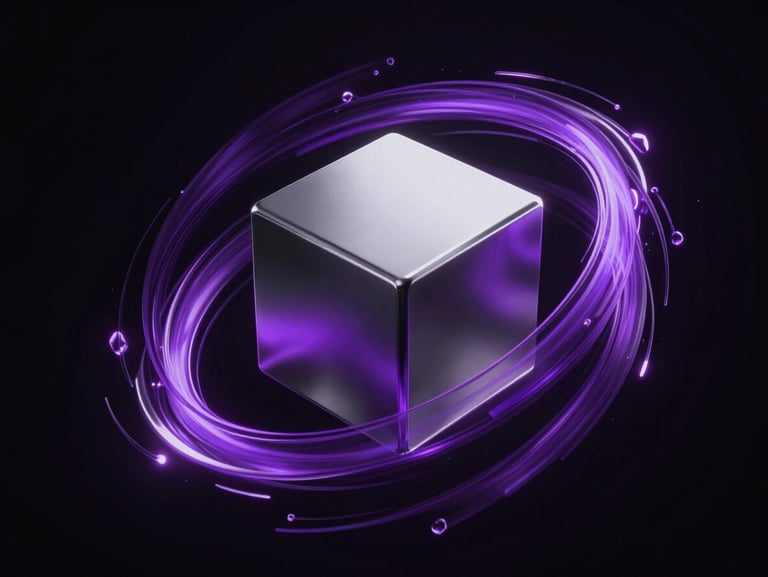 Abstract purple energy fields swirling around a floating metallic cube, high-contrast chiaroscuro, 3D render