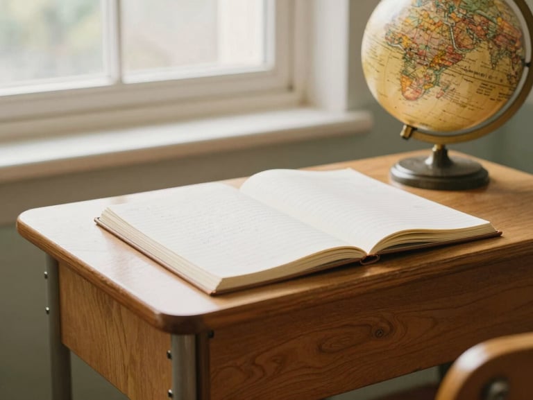 Vintage-toned editorial photograph of a classic wooden classroom desk with open notebooks, a retro globe, and handwriting under soft natural window light, 35mm