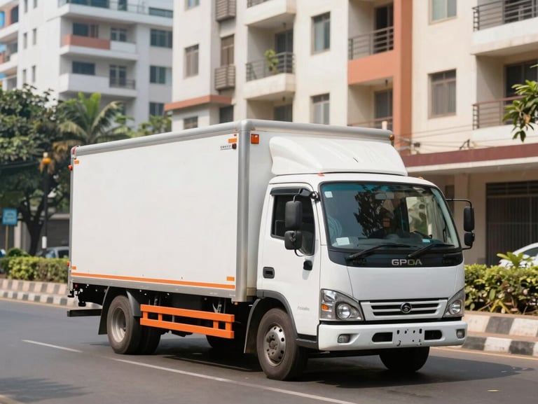 A clean GPS-enabled moving truck navigating a bright, sunlit Bangalore street lined with modern apartment complexes.