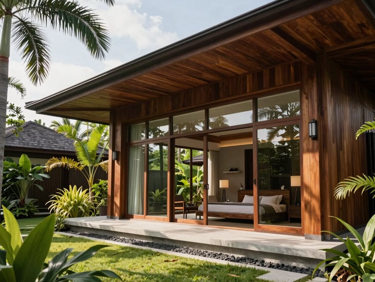 Modern Tropical luxury villa exterior with timber accents, deep roof eaves, large glass windows, lush tropical landscaping in Malaysia, bright daylight