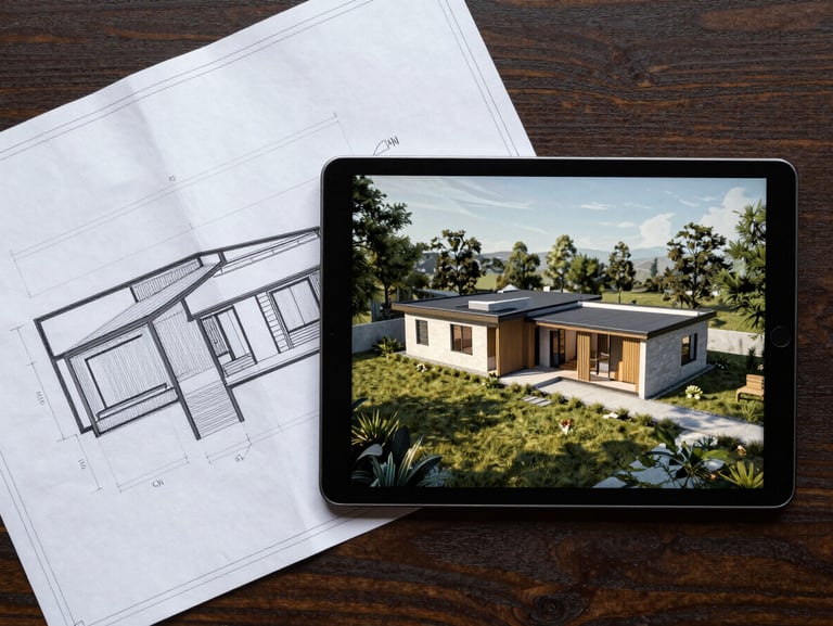 Clean top-down flatlay of architectural blueprints on a dark wood table, alongside a digital tablet displaying a realistic 3D render of a contemporary flat-roofed house.