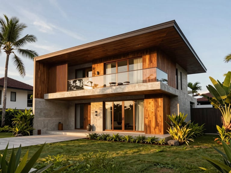 Wide-angle exterior elevation of a modern luxury tropical bungalow in Malaysia at golden hour, warm lighting highlighting timber and concrete textures, manicured tropical landscape.