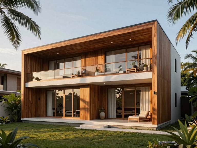 A high-end modern tropical bungalow exterior render with timber facades during golden hour