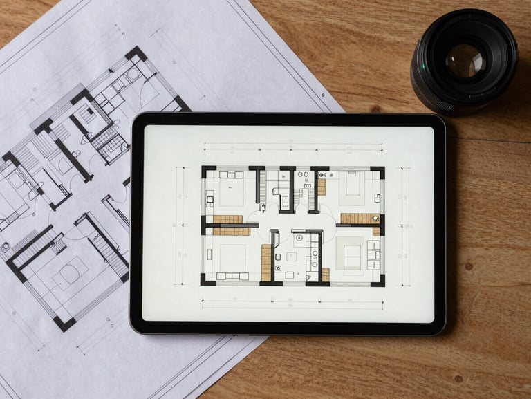 Top-down flatlay of architectural blueprints on a wooden desk with a digital tablet showing a 3D floor plan