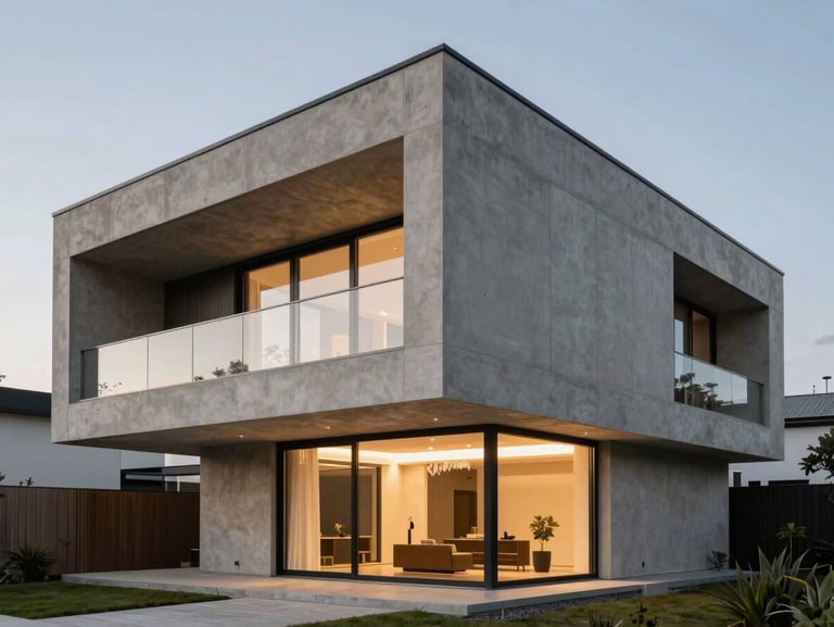 Contemporary Modern house exterior with bold geometric concrete shapes, flat roofline, minimalist design, glass balustrades, evening lighting