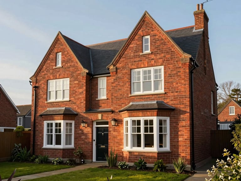 Modern English style double-story house with classic brick accents, steep gabled roof, white window frames, neat green garden, warm afternoon sun
