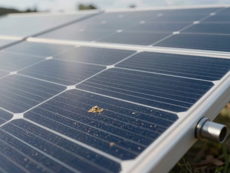 Close-up of photovoltaic solar panel cells filmed under overcast natural light, surface showing dust and organic film deposits across the dark blue cell grid, equipment nozzle visible at the edge of the frame