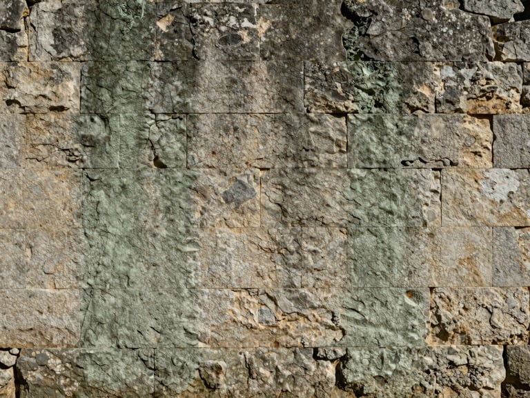 Wide shot of a Corsican stone facade streaked with grey-green biological growth and mineral staining under flat natural morning light, rough limestone texture visible across the full frame