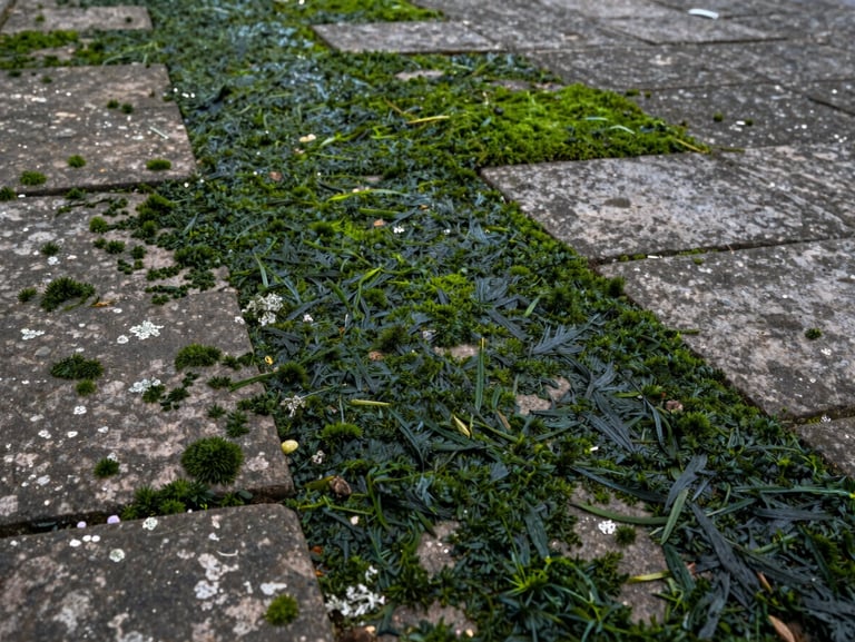 Medium shot of a stone terrace floor covered in dark green algae and lichen patches, soft diffused daylight from the side revealing the rough texture of the paving slabs before cleaning