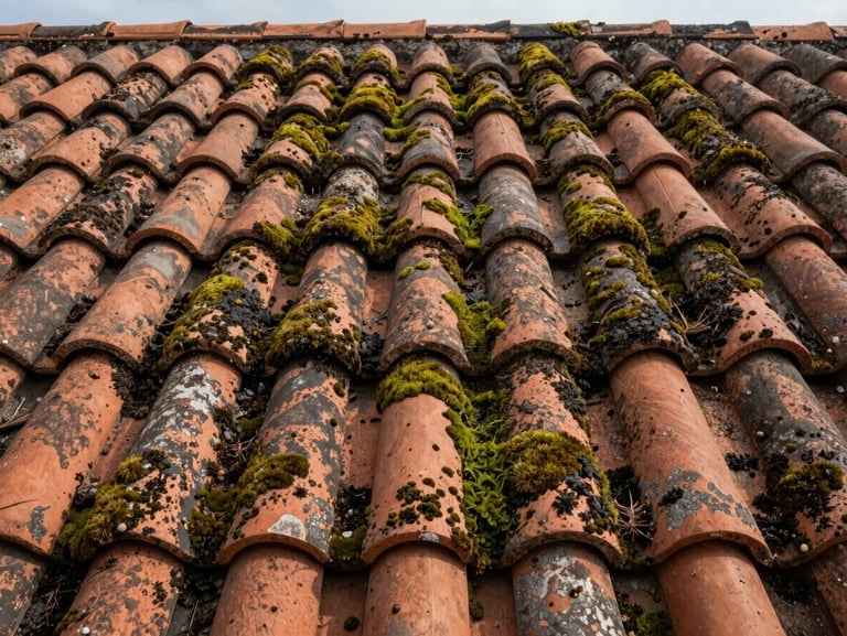 Close-up of aged Corsican terracotta roof tiles heavily coated with green moss and dark algae under soft overcast daylight, wide shot showing the textured surface extent before treatment