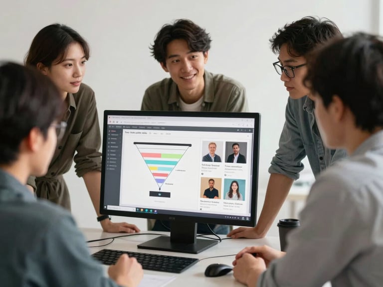 Team members in focused discussion around a monitor showing social media creative layouts and funnel diagrams, bright neutral studio lighting, no posed smiles, work-in-progress atmosphere