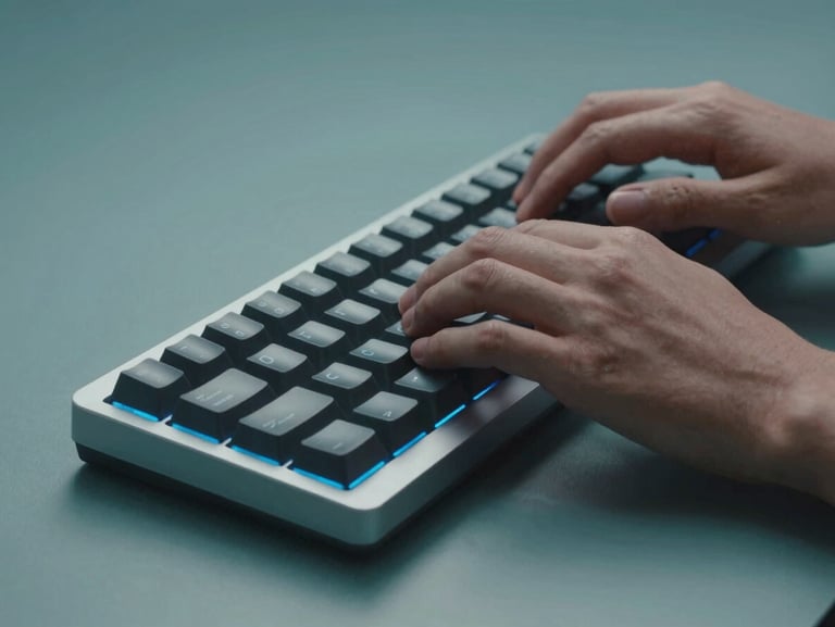 Sleek tech photography, close-up of hands typing on a minimalist mechanical keyboard, cool studio lighting with teal accents, crisp details, 50mm