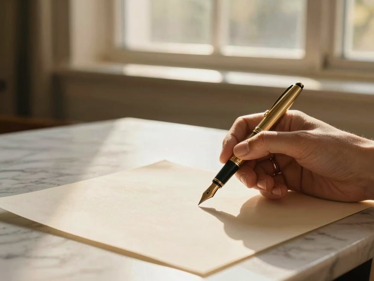 Warm editorial photography, close-up shot of an elegant hand with gold rings holding a gold-nibbed fountain pen over heavy cream paper on a minimalist marble desk, sun-drenched golden-hour window light, shallow depth of field, 35mm.