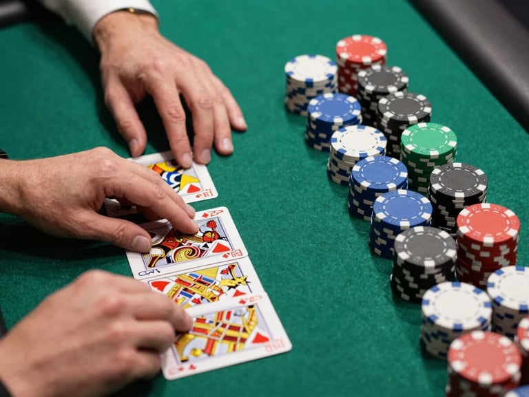 Close-up overhead shot of a casino table mid-deal, a dealer's hands spreading playing cards face-down on green baize, bright studio lighting, sharp focus on card edges, chips stacked in tight rows to the right, high-contrast digital-native lighting