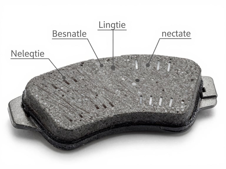 Technical diagram of a brake pad wear pattern, clean slate-gray blueprint style, sharp lines and annotations showing even contact and heat dissipation slots.