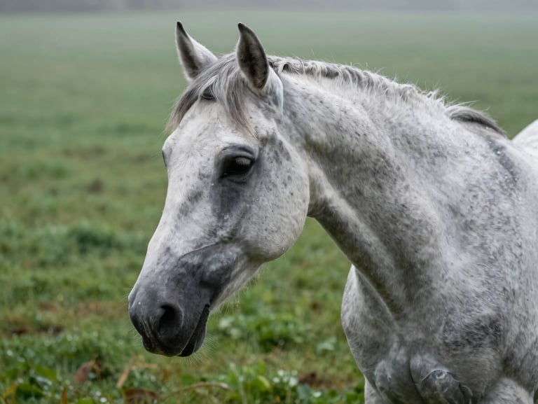 Close-up of a beautiful grey horse during morning trackwork, dew on the grass, green turf background, crisp daylight.