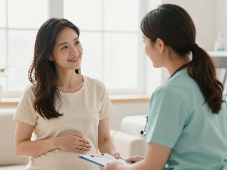 Warm editorial medical photography of a reassuring consultation with an expectant mother, soft cream tones, bright natural light, shallow depth of field