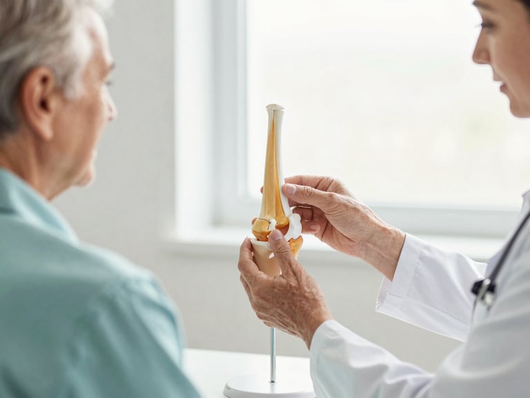 Warm editorial medical photography of a doctor's hands explaining a joint model to an active senior, bright natural window light, shallow depth of field