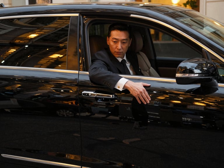 Cinematic portrait shot of a professional chauffeur in a dark tailored suit opening the door of a pristine black executive sedan, soft golden reflections of city lights on the polished car body, 35mm lens.