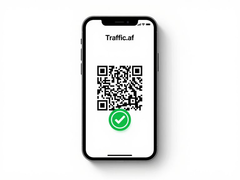 Flat-on, centered studio shot of a modern smartphone displaying the official Traffic.af digital registration screen. The screen shows a clean QR code and official green verification badge. High-contrast daylight, pure white background.