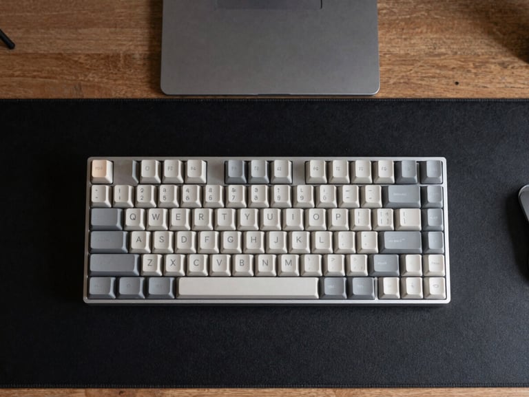 Overhead flat-lay of a minimalist mechanical keyboard and aluminum desk organizer on a matte black desk pad, soft side lighting