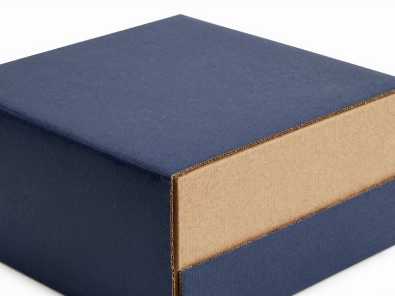 An angled studio shot of a wide, flat textile carton box, moisture-resistant finish visible, sharp focus on paper fluting, warm kraft and deep navy tones.