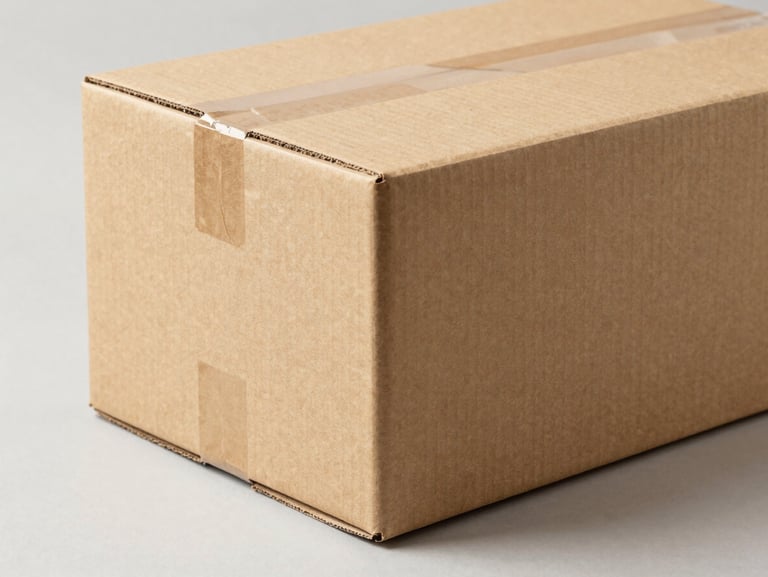 An angled studio shot of a thick 3-ply corrugated shipping box, crisp drop shadow on a neutral off-white surface, warm kraft paper texture, industrial packaging aesthetic.