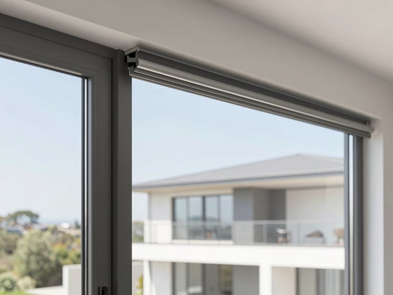 Sleek sliding window profile, close-up showing ultra-slim aluminum frames and flush thresholds, bright natural daylight