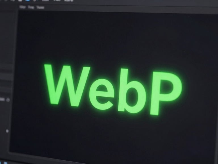 Sleek tech photography, high contrast macro shot of a light compressed WebP image on a dark screen, glowing neon green accent