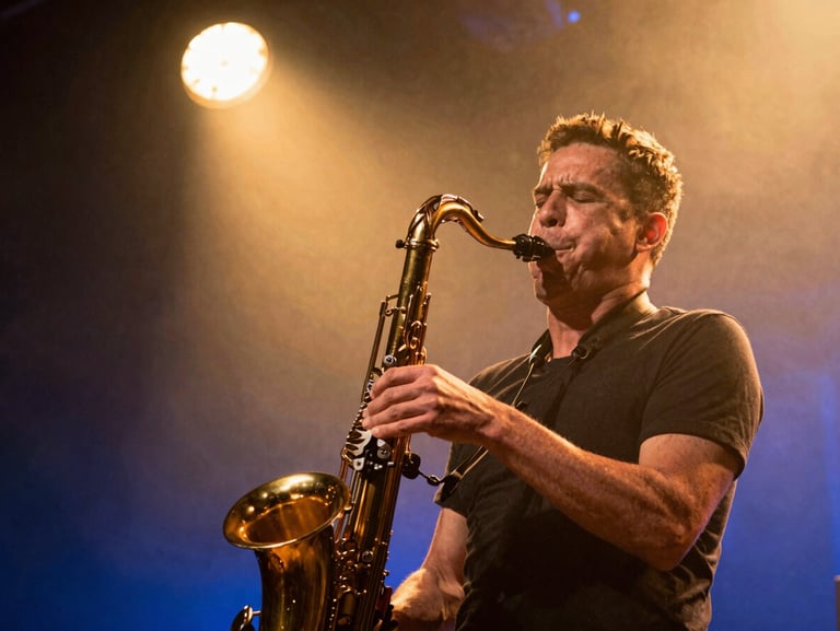 Close-up of saxophonist performing under warm amber spotlights, stage haze, 16:9 aspect ratio