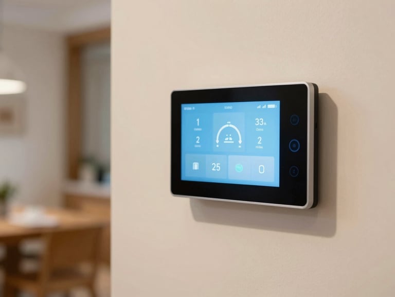 Sleek wall-mounted smart home controller screen in a clean, modern Asturian home, showing simple lighting and climate controls, warm ambient light, close-up shot.