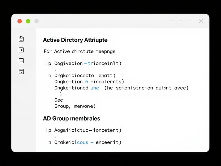 Crisp software interface mockup of a JSON configuration file, displaying clean syntax for Active Directory attribute mappings, organizational units, and AD group memberships, with flat vector UI elements and high contrast.
