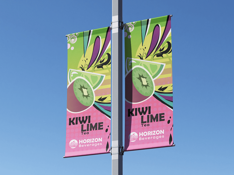 2 banners on a pole promoting Horizon Beverages kiwi lime tea