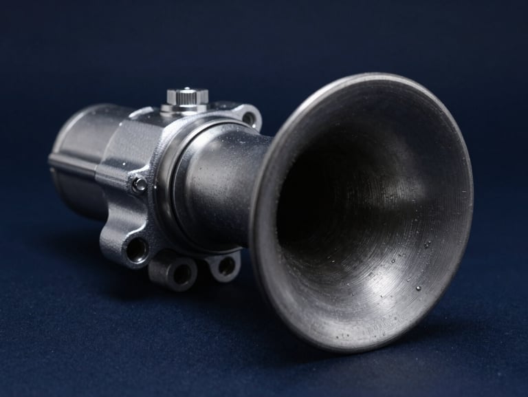 Macro studio shot of a heavy-duty automotive horn, highlighting the rugged metallic housing and precise assembly, cool studio lighting, deep navy tones