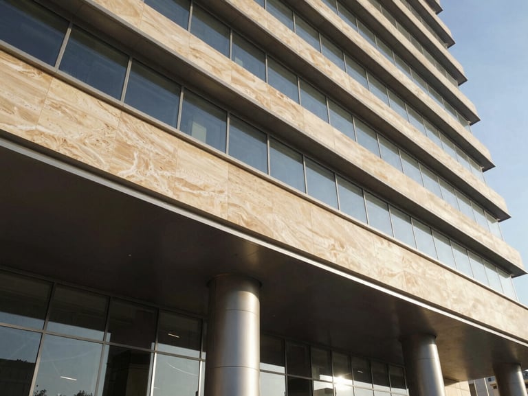 Close-up of premium polished stone and steel architectural elements of a modern corporate headquarters in Saudi Arabia, sharp natural sunlight, 35mm