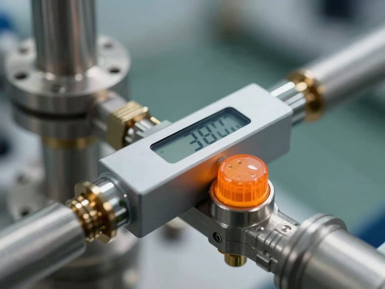 Macro close-up of a high-precision digital pH sensor installed in a stainless steel industrial pipe, technical orange status indicator light, sharp metallic details, professional engineering environment