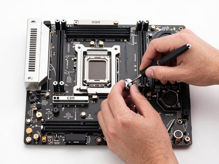 Overhead studio shot of a PC motherboard with hands using precision tools adjusting a component, even flat white light from above, component labels and heatsink fins sharply in focus