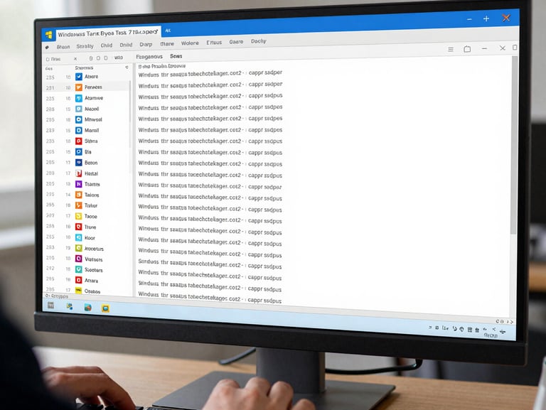 Close-up of a Windows Task Manager startup tab on a monitor showing a long list of startup programs, hands near keyboard under bright even daylight from the left, clinical flat lighting